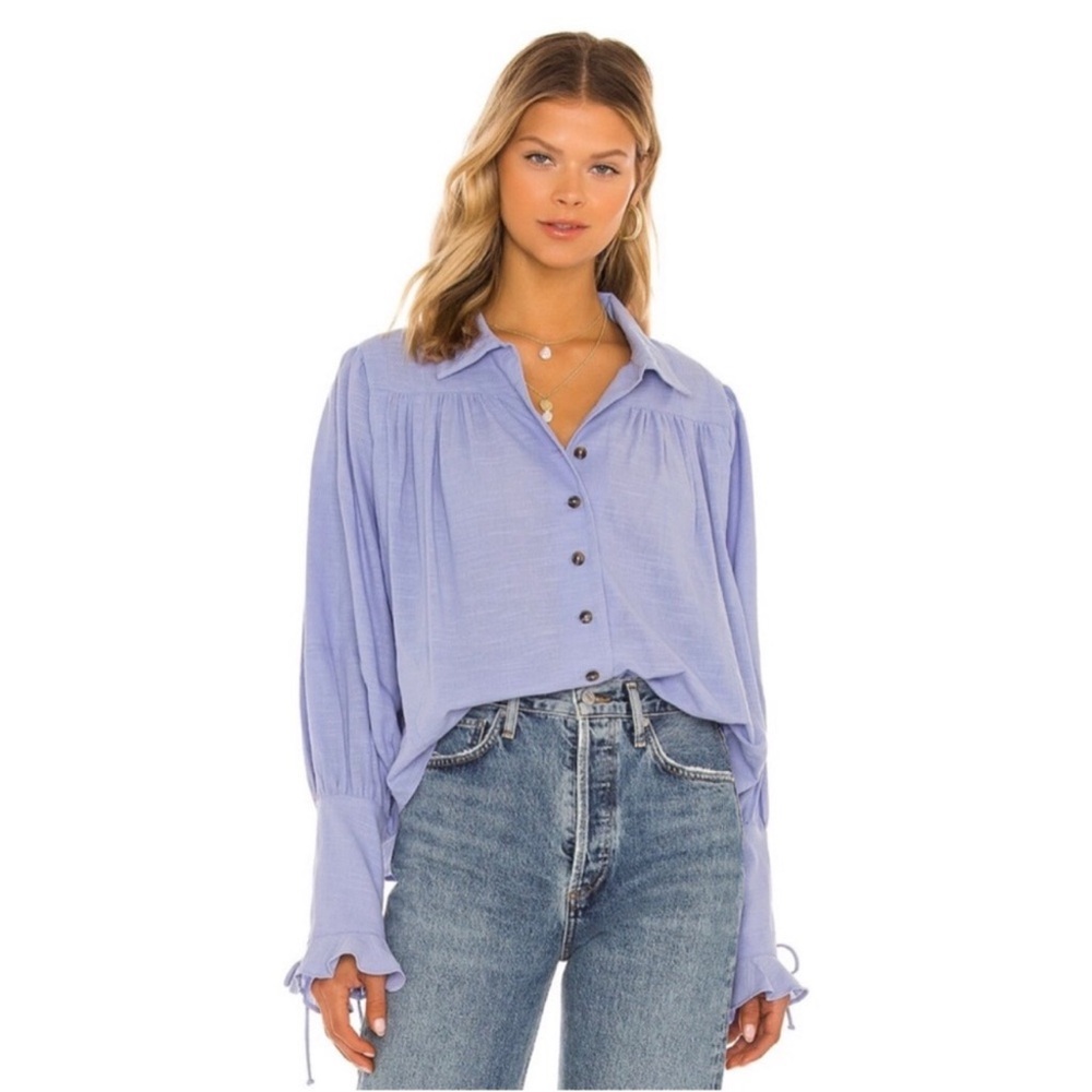 Purple Free People Kiss Kiss Laced Cuff Button Up Blouse